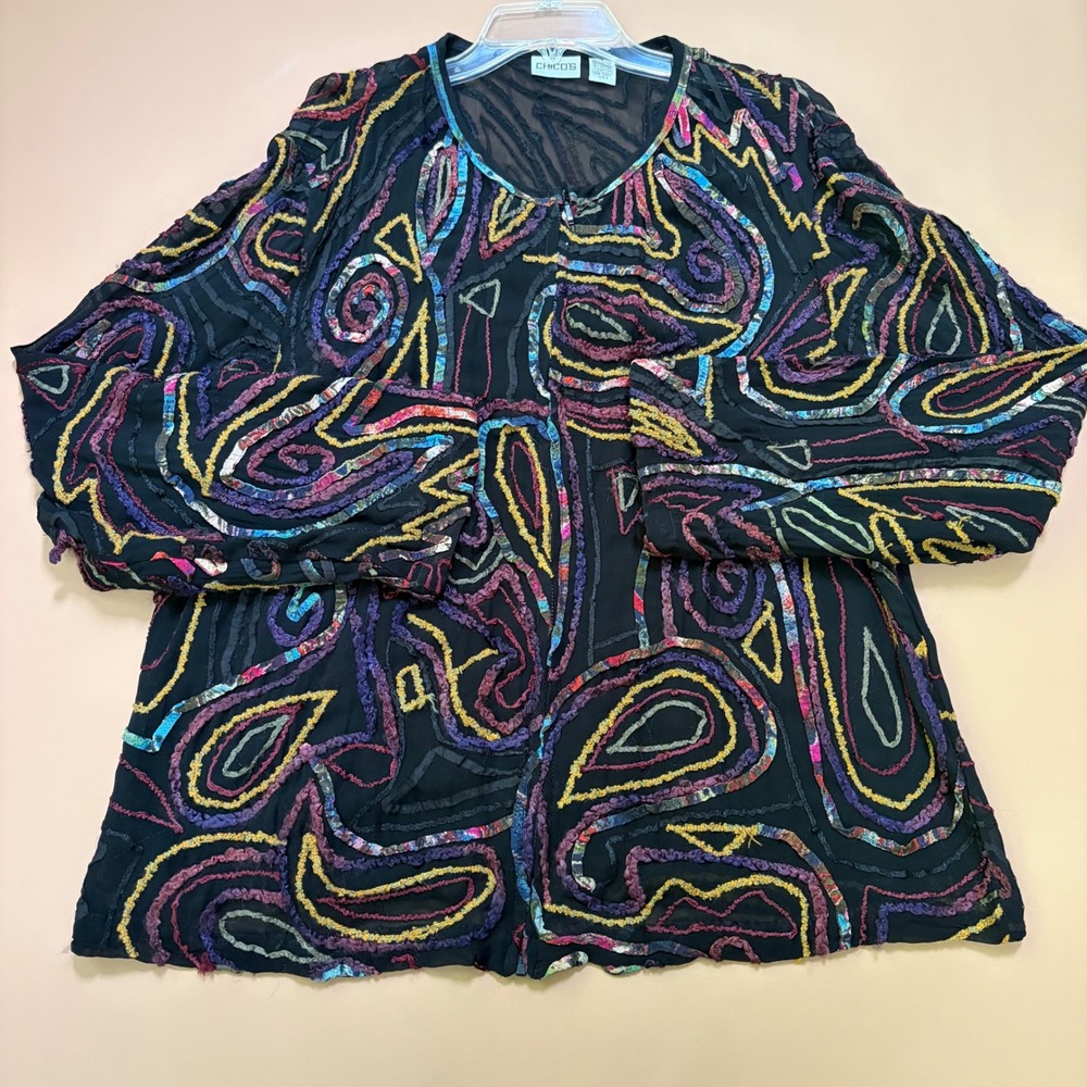 Chicos Womens Size 3 XL Large Black Sheer Art to Wear Abstract Zip‎ Front Jacket